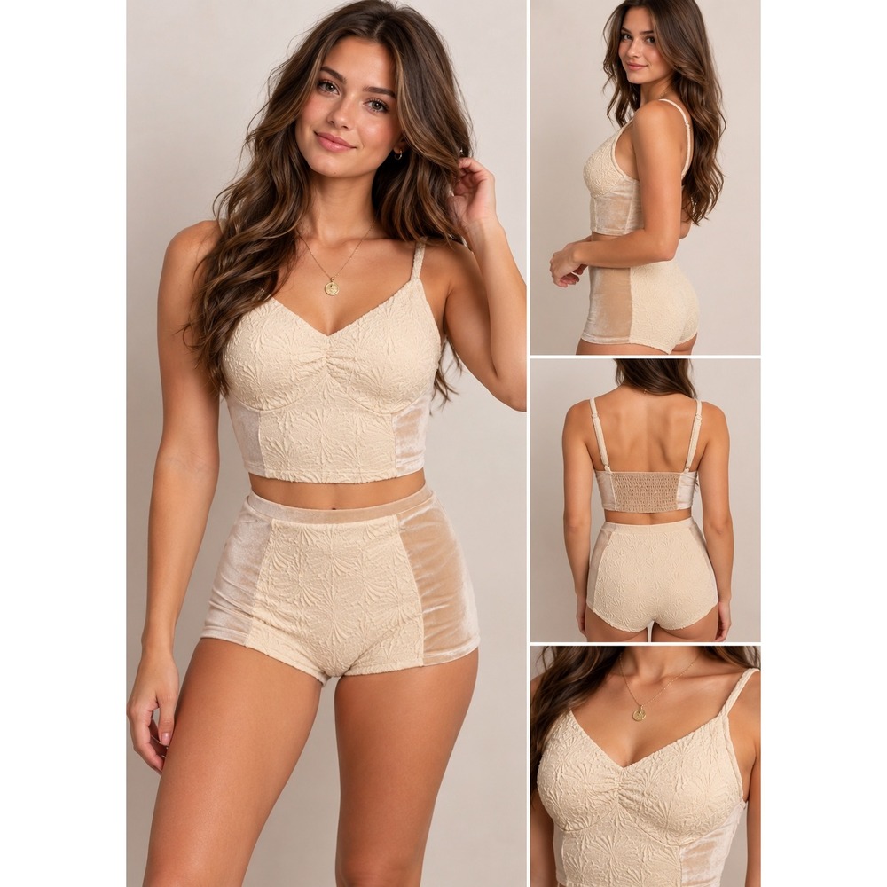 Joyfolie Jolani Set Oat Beige Velvet Textured Crop Top Shorts Pajamas Small NWT